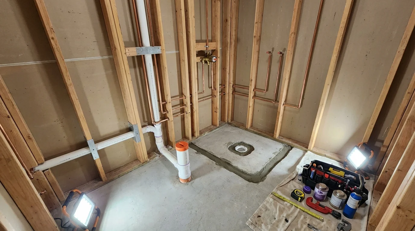 Bathroom rough-in plumbing during remodel by Johns Plumbing LLC in Langhorne