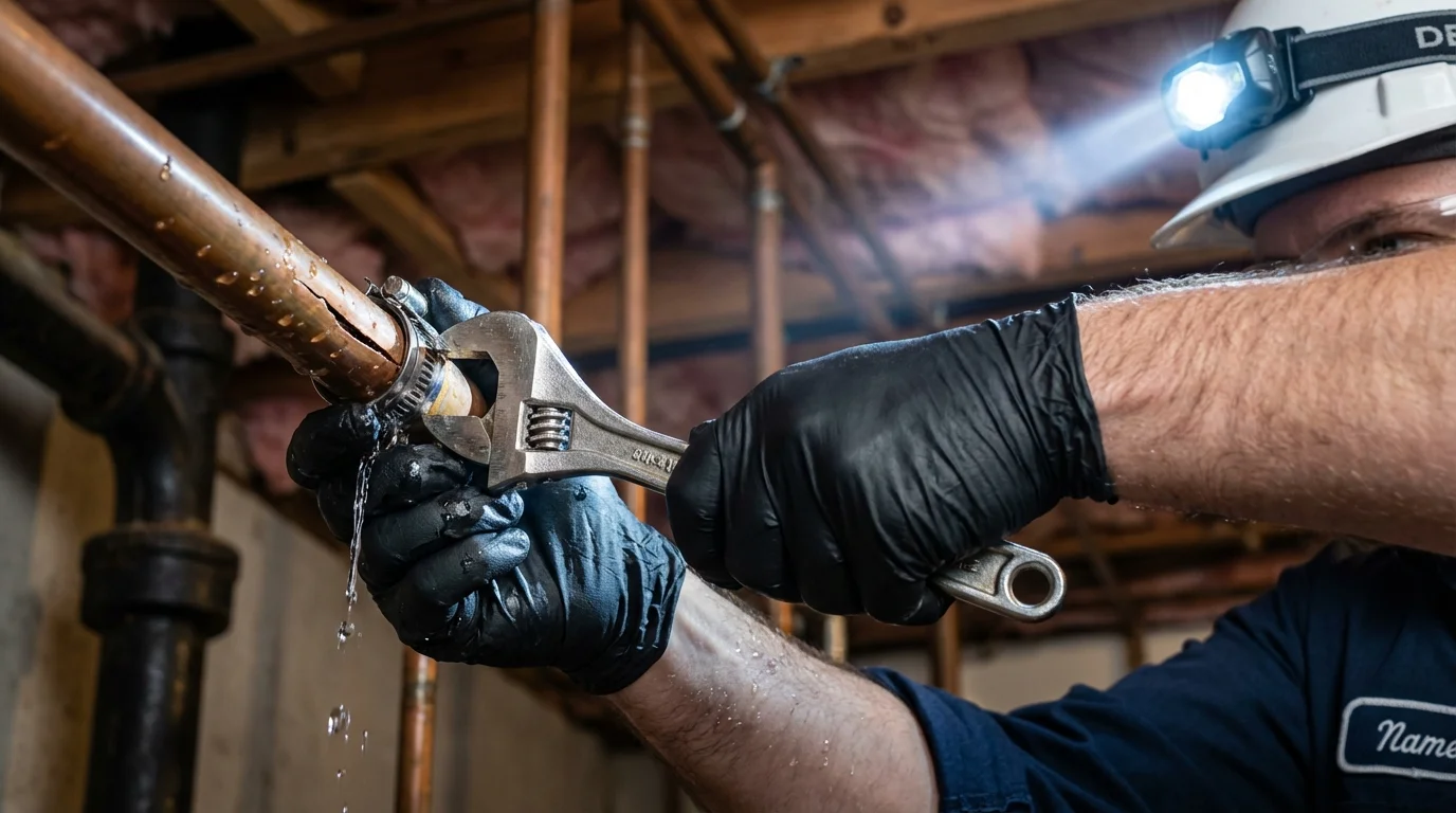 Emergency pipe clamp repair being performed by a Johns Plumbing LLC plumber in Langhorne